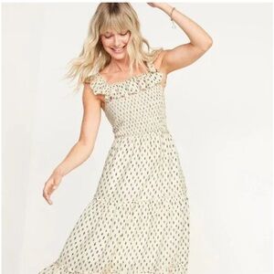 Old Navy Cottagecore Smocked Tiered Diamond Print Midi Fit & Flare Dress. Medium